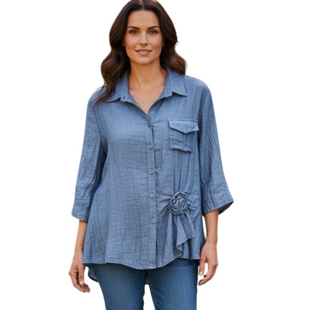 Lauren Vidal Blue Button-Down Shirt Blouse Size Large Office Casual